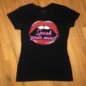 Black T-shirt with “speak your mind” print